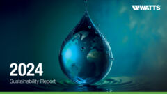 Cover of WATTS 2024 Sustainability Report featuring a water droplet with a globe inside, symbolizing global environmental responsibility.