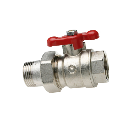 Watts Kugelhahn KHA mit Anschlussverschraubung, vernickeltes Messing, roter T-Griff, Innen-/Außengewinde-Übergang, schräge Frontansicht.