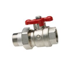 Watts Kugelhahn KHA mit Anschlussverschraubung, vernickeltes Messing, roter T-Griff, Innen-/Außengewinde-Übergang, schräge Frontansicht.