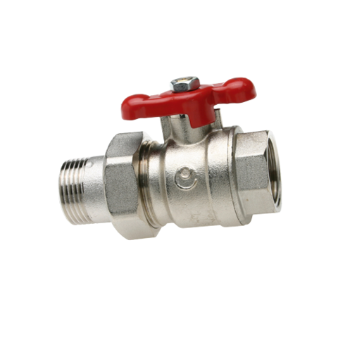 Watts Kugelhahn KHA mit Anschlussverschraubung, vernickeltes Messing, roter T-Griff, Innen-/Außengewinde-Übergang, schräge Frontansicht.