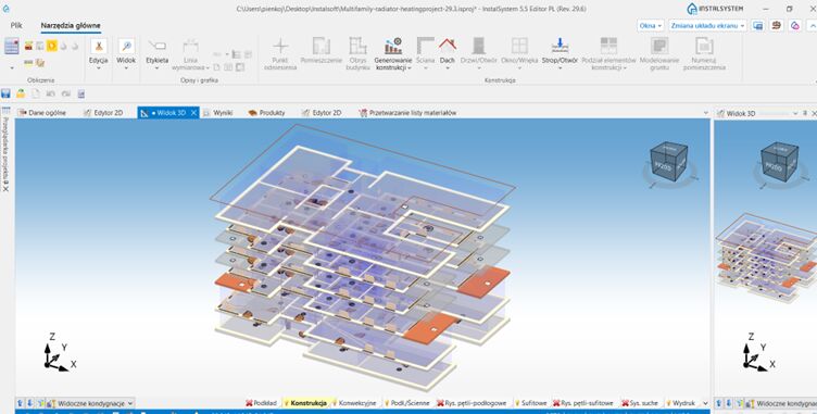 InstalSystem 5 – interfejs programu z widokiem 3D wielowarstwowego modelu budynku oraz układu instalacji HVAC, w tym obiegów grzewczych i komponentów systemu rozmieszczonych na poszczególnych kondygnacjach