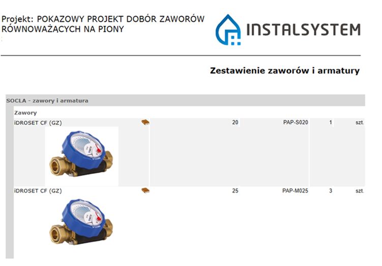 InstalSystem 5 – zestawienie zaworów i armatury WATTS SOCLA, w tym zaworów równoważących iDROSET oraz innych komponentów instalacyjnych wraz z parametrami technicznymi i ilościami